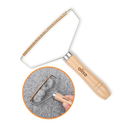 oliso Wool Mat Cleaning Tool - Brass Lint Remover for Quilting & Sewing | Handheld Carpet Brush, Rug Comb, Pet Hair Rake, Stainless Steel Frame, Wooden Handle, Furniture and Couch Use
