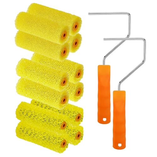 12 Pcs 4 inch Textured Paint Roller Covers+2 Frame Set,3 Textures | Foam Drywall Texture Paint Rollers, House Paint Roller Covers for Art Painting Walls Ceilings - size: 4",4S+4M+4L+2Frame