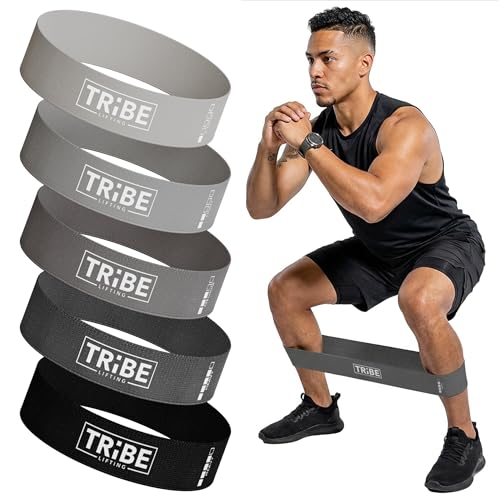 Tribe Lifting Fabric Resistance Bands for Working Out - 5 Exercise Bands Set for Legs and Glutes - Booty Bands for Women and Men - Thick Cloth Workout Bands for Physical Therapy, Hip Training - color: Grey