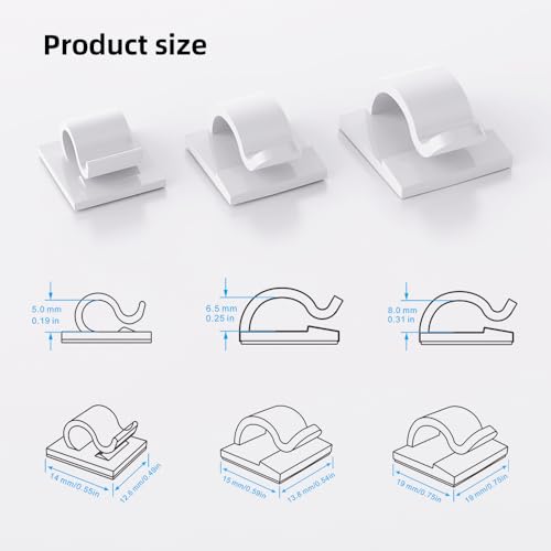 100 PCS White Adhesive Cable Clips Cord Organizer (Small, Medium,Large),Wire Holder for Cable Management, Outdoor Light Clips Light Hooks for LED String,Car Dash Cam, Extension Cord (White) - color: White