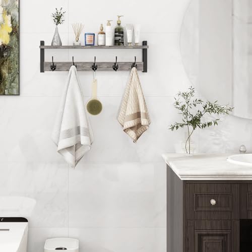 Homode Wall Hooks With Shelf, 24 Inch Coat Rack Wall Mount for Entryway, Clothes, Backpack, Key, Purse - Floating Shelf Hanging in Bathroom, Bedroom, Hallway, Rustic Grey - color: Rustic Grey, size: 24 Inch Long