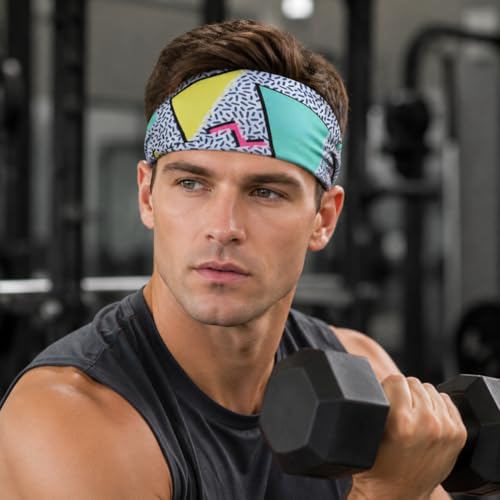 4Pcs 80s 90s Retro Headbands Neon Geometric Soft Sweatbands | Print Hair Head Bands, Wicking, for Women Men Athletic, for Fitness Running Cycling Hip Hop Party Style Hiking