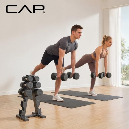 CAP Rubber Coated Hex Dumbbell Set with Storage Rack | 100–210 lb Options, Space-Saving Vertical Compact Storage for Home Gym Strength Training - size: 150 lb - Set, style: 12-Sided Chrome Handle