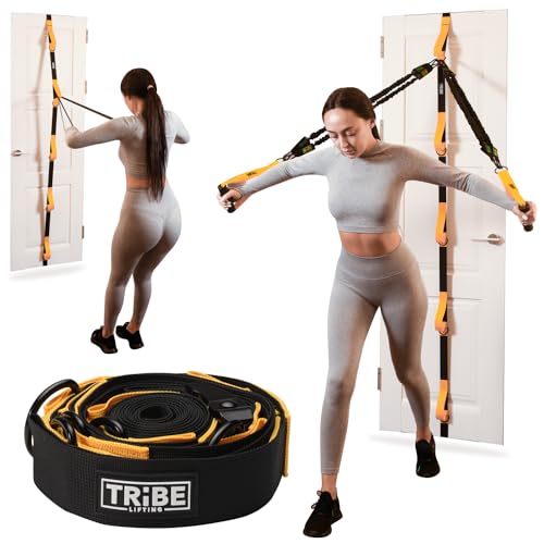 Door Anchor Strap for Resistance Bands with 5 Loops and Metal D-Rings | Fits most doors and resistance bands, 5 anchor points, reinforced nylon, tool-free setup, full-body workout versatility - color: Yellow Door Strap