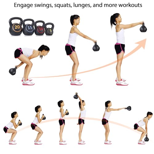 F2C Kettlebell Sets 4 Piece Strength Training KettleBells Weight Set 5lb, 10lb, 15lb, 20lb HDPE Coated Concrete Kettle bell Core Training or Women & Men for Full Body Workout & Exercise Fitness