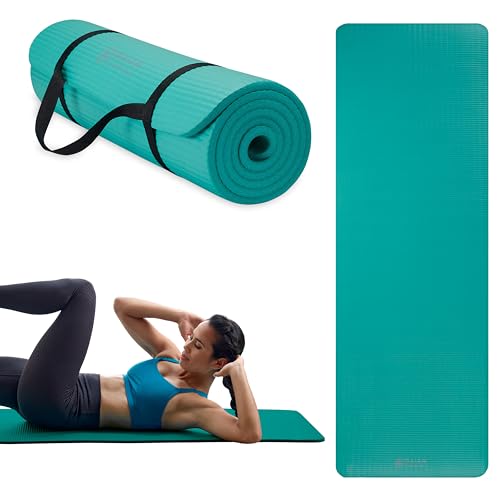 Gaiam Thick Yoga Mat, Exercise & Fitness Mat with Easy-Cinch Carrying Strap | Non-Slip NBR Foam | Joint Cushioning | Yoga, Pilates, Fitness & Floor Workouts | 72"L x 24"W - color: Teal