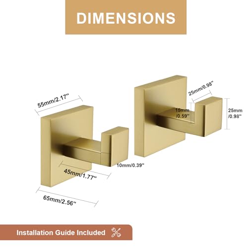 TASTOS Bath Towel Hooks Brushed Gold, 4 Pack Stainless Steel Robe Coat and Clothes Hook, Heavy Duty Wall Hook for Bathroom & Kitchen, Modern Square Style Wall Mounted… - color: Brushed Gold, size: Square (4 Pack)