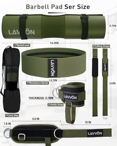 7Pcs-Barbell Pad Set for Hip Thrust - Squat Pad, Bench Press Workout Foam Weight Lifting Bar Cushion,Gym Accessories for Women with Bar Bad,with Gym Ankle Straps,Hip Resistance Bands,Lifting Strap - color: Army-Green
