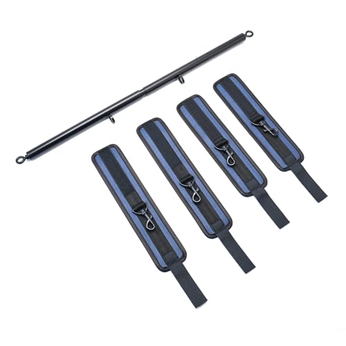 3 in 1 Heavy Duty Stainless Steel Expandable Spreader Bar with 4pcs PU Blue Adjustable Straps,Workout Bar for Home Gym Training Bar,Portable Detachable Pilates Kit - style: Black+PU Blue Kit