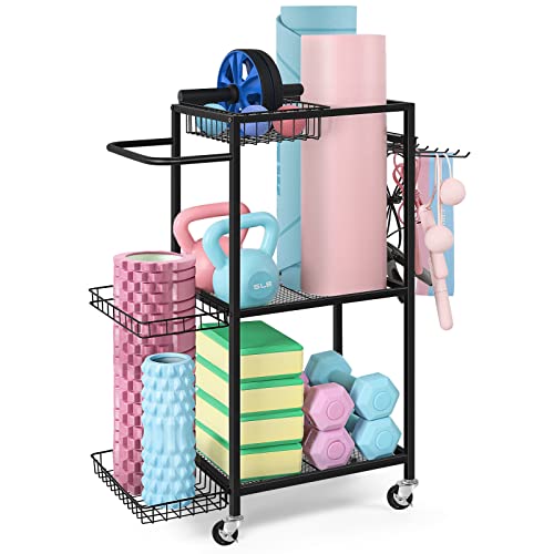 LIANTRAL Yoga Mat Storage Rack - Metal Gym Organizer for Yoga Mats, Foam Rollers & Fitness Equipment, Space Saving Workout Equipment Storage Rack for Home Exercise and Fitness Gear - color: Black