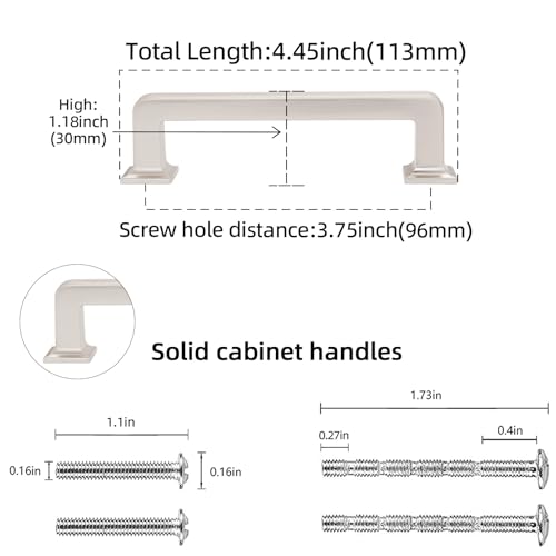 10 Pack 3-3/4 inch(96mm) Brushed Satin Nickel Kitchen Cabinet Handles Cabinet Pulls Sliver Drawer Pulls Kitchen Cabinet Hardware Dresser Handles - color: Brushed Satin Nickel, size: 3-3/4" Hole Center（96mm）