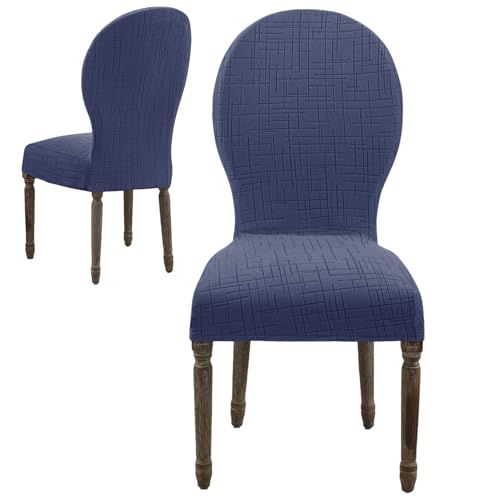 Round Back Dining Chair Cover Set 2/4/6, Curved Back Chair Covers Stretch Armless Dining Chair Slipcovers Mid Century Modern Chair Seat Protector for Kitchen, Home and Banquet (Navy Blue, Set of 2) - color: 2-navy Blue, size: Set of 2