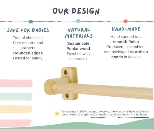 32.5 in. Long Montessori Pull Up Bar for Babies | Excercise Guide, Hand-Made, Assembled, Quality Wooden Toy Bar for Infants, Ballet Bar for Toddlers.