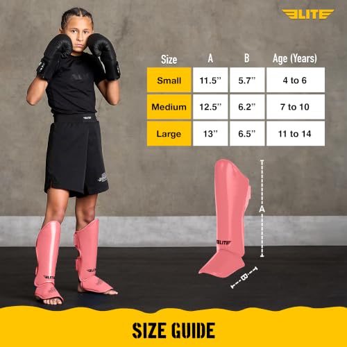 Elite Sports Muay Thai MMA Kickboxing Boys and Girls Shin Guards for Age 4 to 14 Years, Instep Guard Sparring Protective Leg Shin Kick Pads for Kids - color: Pink, size: Medium