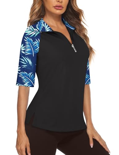 Cucuchy Womens Golf Shirt Half Sleeve Quarter Zip Polo Tennis Shirts Workout Tops - color: B-dark Blue Leaf, size: XX-Large