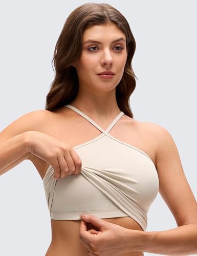CRZ YOGA Butterluxe Cross Neck Crop Tank Tops | Light Support, Removable Pads, Yoga, Extremely Soft, Square Back, Spaghetti Straps, Longline Sports Bras for Women - color: Mojave Tan, size: X-Small