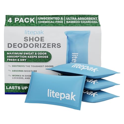 Litepak Shoe Deodorizer and Odor Eliminator Activated Charcoal Odor Absorber for Shoes and Gym Bags, Natural Bamboo Air Freshener for Boots, Closet Or Car (4 Pack) - size: 4 Count (Pack of 1)
