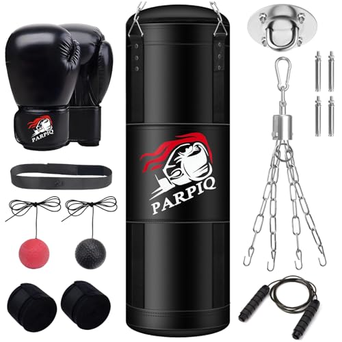 4FT Hanging Punching Bag for Adults, Unfilled Canvas Heavy Boxing Bag Set with 12oz Boxing Gloves Hand Wraps, Jump Rope, Reflex Ball for MMA Kickboxing Muay Thai Training Home - style: PU Bag
