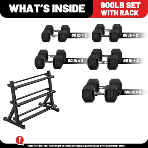 PAPABABE Dumbbell Set with Rack Dumbbells Rubber Encased Home Gym | PAPABABE Complete & Durable Cast Iron Core Odorless PVC Antiroll Hex Shape Ergonomic Chrome Handle Versatile Home Gym - size: 900LB with 3-Tier Weight Rack