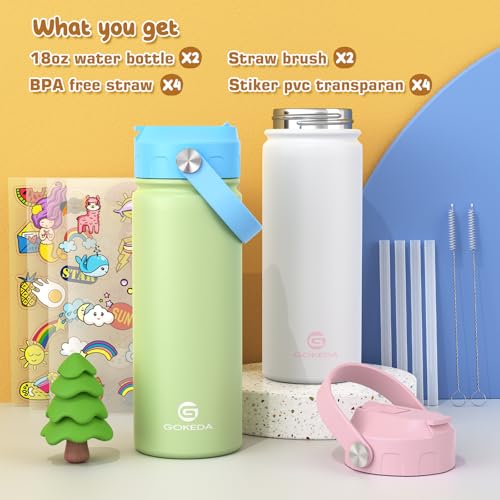 GoKEDA 18oz Kids Water Bottle, 2 Pack Insulated Bottles with Stickers, 18/8 Stainless Steel Vacuum Leak Proof Straw Cup for School, Gifts for Boys Girls(White+Green) - color: Pink White+Blue Green