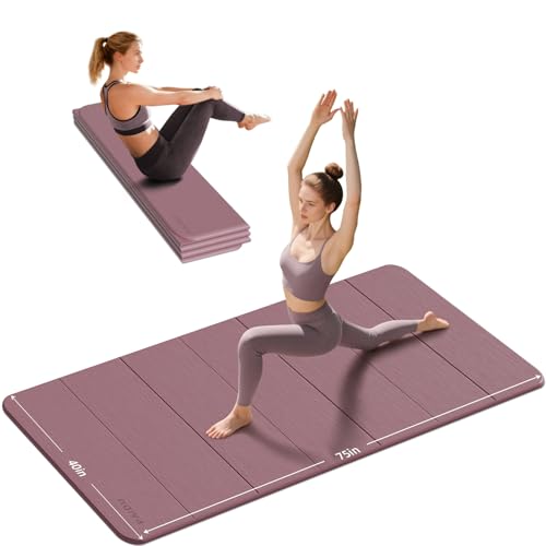 PAIDU Foldable Yoga Mat (10MM) 75‘’x40‘“ Quick Fold，Easy Storage | TPE Non-Slip Design, Ea Extra Long/Wide for Indoor Yoga, Pilates and Outdoor Travel Workouts - color: Deep Pink