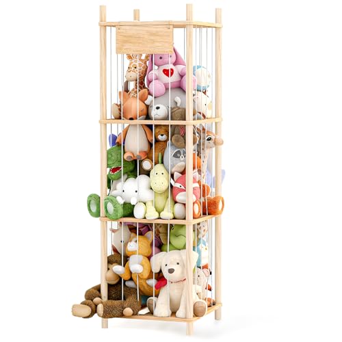 Dayacoco Stuffed Animal Storage, Wood Stuffed Animals Organizer Holder Zoo, Extra Large Capacity Stuff Storage with Elastic Band and Net for Nursery Kids Play Room Bedroom (Pine wood) - size: 3 Tiers Without Wheels