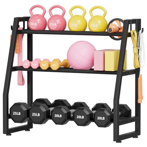 Heavy Duty 3-Tier Dumbbell Rack, 600 LBS Capacity Adjustable Weight Rack for Kettlebells & Dumbbells, One-Piece Solid Steel Home Gym Storage Stand, Space-Saving Corner Organizer with Hooks (32" H x 31.5" L)