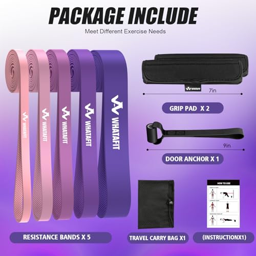 WHATAFIT Resistance Bands, Pull Up Assist Bands with Handles, Door Anchor | Natural Latex Rubber, Progressive Tension, Exercise Loop for Full-Body Fitness, Portable Gym Bag, Warm-Up & Stretch - color: 5-125LBS PINK PURPLE+GRIP