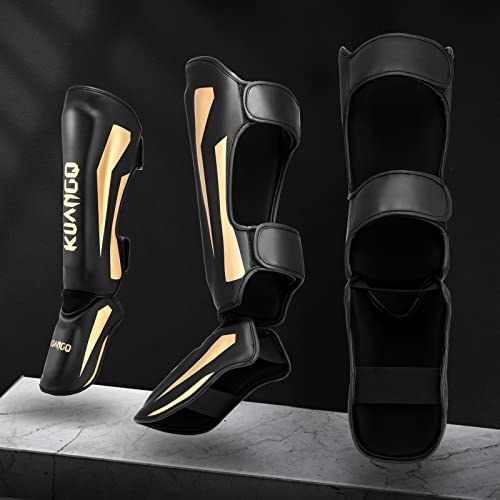Muay Thai Shin Guards for MMA Sparring, Martial Arts,Kickboxing | Leg Instep Protection Pads, Kickboxing MMA Training, Sparring Gear, Professional MMA Equipment - color: Black-Gold, size: Large
