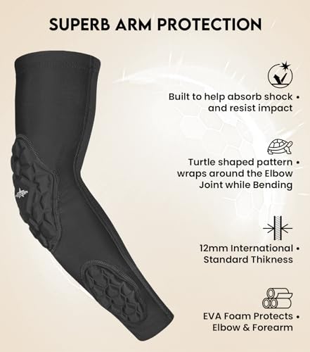 Compression Padded Arm Sleeves for Youth & Adults - Elbow & Forearm Support - Breathable Football Padded Sleeves - color: Black, size: Youth Small/Medium