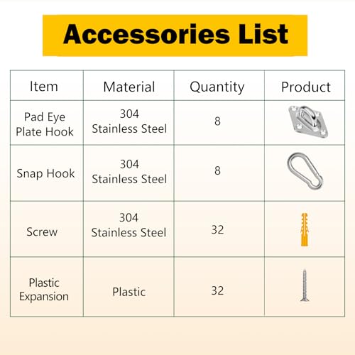 8 Pack 2.31 Inches Pad Eye Hooks,304 Stainless Steel Pad Eye Hanging Hooks for Porch Swing Hang, Heavy Duty Hanging Hardware with Screws for Outdoor/Indoor Use. Sliver