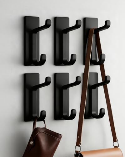 Self Adhesive Wall Hooks, 6 Pack Coat Hooks Wall Mount Heavy Duty Stainless, Double Extra Stick On Towel Hook for Bedroom Kitchen, Over the Door Hook for Hanging Key Hat Backpack (Black) - color: Black