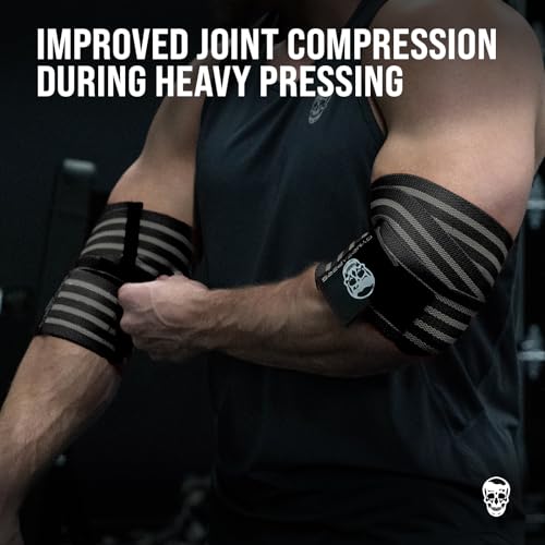 Gymreapers Weightlifting Elbow Wraps (1 Pair) - Flexible 40'' Elbow Compression Strap & Joint Support Brace - for Bench Press, Powerlifting, and Pressing - color: Gray