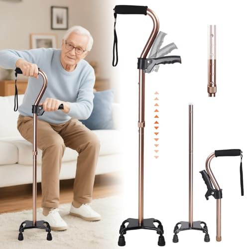 Adjustable Walking Cane for Men & Women – 4-Pronged Base for Stability – Foldable Cane for Seniors with Foam Padded Offset Handle(Champagne)