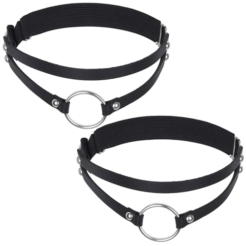 2Pcs PU Leather Women's Gothic, Elastic Punk Thigh Straps for Ladies, Double Straps Heart O Ring Leg Thigh Elastic Garter Belt, Black