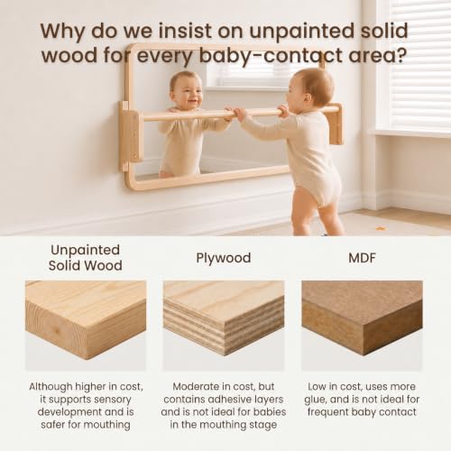 Woodtoe 4-in-1 Montessori Mirror with Bar, Adjustable Tummy Time Floor Mirror, Baby Pull to Stand Toy, Natural Unpainted Solid Wood Frame, Baby Pull Up Bar, Developmental Toys for Nursery (Large Size)