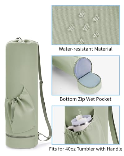 sportsnew Yoga Mat Bag with Water Bottle Pocket & Wet Pocket for Women | Yoga mat carrier fits 1/8"-3/8" yoga mats, quick-access multi-pocket organization, lightweight for gym, Pilates & studio - color: Sage Green, size: Large
