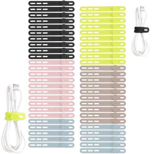 Oligei 50 Pcs Silicone Cable Ties, Cable Ties Reusable, High Elasticity Cord Wraps for Electrical Cords, Cord Organizer for Earphone, Phone Charger(Colorful) - color: 50p∣colorful