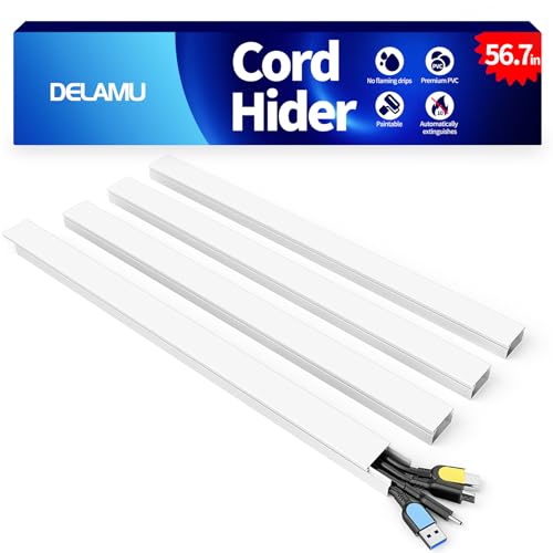 Delamu 56.7in Cord Hider, Wire Covers for 3-4 Cords on Wall, Premium Cable Hider Cord Covers for Wires, Paintable Cable Management Wire Hiders for TV, Cable Cover Raceway Kit, W1.18x H0.6in, White - color: White, size: 56.7in L x 1.18in W x 0.6in H