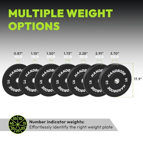 HANDBODE 2-Inch Weight Plates High Bounce, Olympic Bumper Plate Set 45/100/160/190/260/300lb, Colored Weight Plates Set for Home Gym, Barbell Weights Rubber Strength Training Plate for Weight Lifting - size: 55 lb, Pair, style: Standard