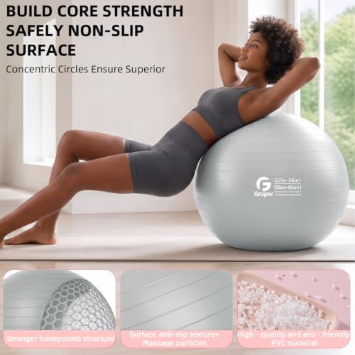 Gruper Exercise Ball, Extra Thick Yoga Ball for Working Out, Yoga & Pregnancy, 4 Sizes Anti-Burst Balance Ball with Foot Pump for Pilates, Physical Therapy & Fitness - color: sliver, size: M(22IN/55cm)