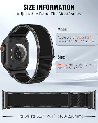 Trail Loop Nylon Sport Band Compatible with Apple Watch Ultra 3 2 Band for Men 49mm 46mm 45mm 44mm 42mm, Rugged Breathable Sport Adjustable Strap for iwatch bands Series 11/10/9/8/7/6/5/4, SE 3 2 1 - color: Black3(Black)