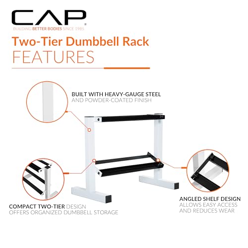 CAP 150 LB Dumbbell Set with 2-Tier Rack, Rubber Hex Free Weights Set, Home Gym Weight Set with Horizontal Storage Rack for Strength Training - color: White, style: 150bs Set - Chrome Handles