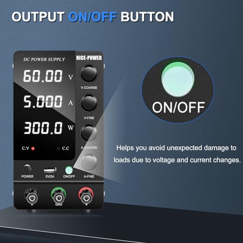 NICE-POWER DC Power Supply Variable 60V 5A, Adjustable Switching Regulated DC Bench Power Supply with Output Switch, High Precision 4-Digit LED Display, Benchtop Lab Power Supplies with 5V/2A USB Port - size: 60V 5A