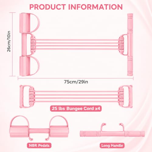 Pedal Resistance Band with Handle, Sit Up Exercise Equipment | Upgraded 8-tube multifunction pedal resistance band for home gym. Non-slip foam handles and foot pedals for full body workout - color: Pink