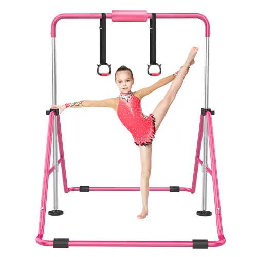 RINREA Gymnastic Bars for Kids, Adjustable Height Horizontal Bar for Home | 5-Height 35"-51", Foldable & Space-saving, Indoor Outdoor Training Kip Bar, with Gymnastics Rings & Gymnastics Pad - color: Pink