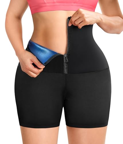 TrainingGirl Compression Sweat Shorts for Women Workout Sauna Suit Gym Sets High Waist Trainer Thigh Fat Slimmer Yoga Pants - color: Black Blue-inner Zipper, size: Small