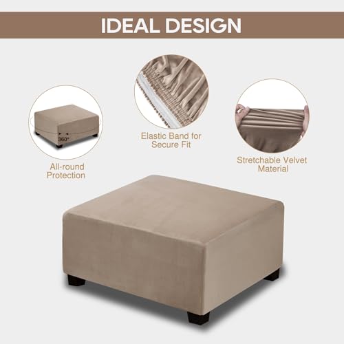 NeColorLife Velvet Ottoman Cover Square Storage Ottoman Slipcover Thick Stretchable Footrest Stool Covers with Elastic Band for Rectangle and Square Ottoman(Medium Size,Taupe) - color: Taupe, size: M Length: 31"-34",Width: 31"-43"