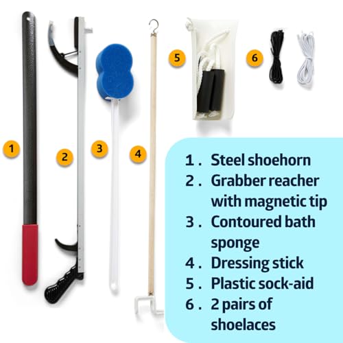 Medline Premium Hip Kit, Mobility Aids for Hip Surgery Recovery, 7-Pieces, 26" Grabber Reacher, Shoehorn, Sock-Aid, Dressing Stick, Shoelaces, Bath Sponge