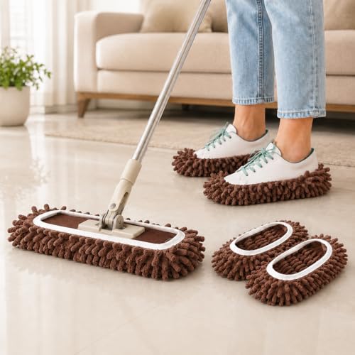 Mop Slippers Floor Cleaning Slippers Reusable Slipper Mop Covers Wearable Floor Cleaner for Household Indoor Use ,Brown - color: Brown